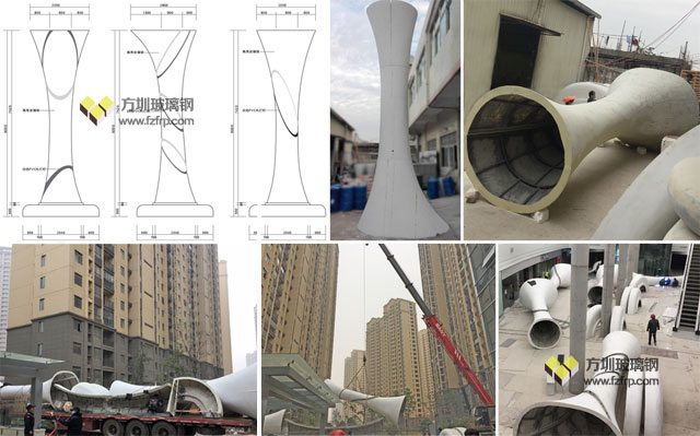 大型玻璃钢装饰柱带坐凳底座方圳工厂设计生产运输吊装图